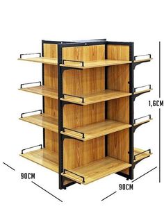 a wooden shelf with four shelves and measurements