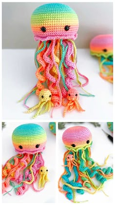 crocheted jellyfish with different colors and patterns on it's body, sitting next to each other