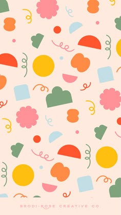 an abstract pattern with hearts, flowers and other shapes on a pink background that says love