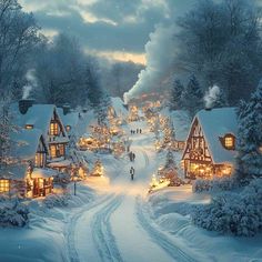 a snowy village with people walking down the road