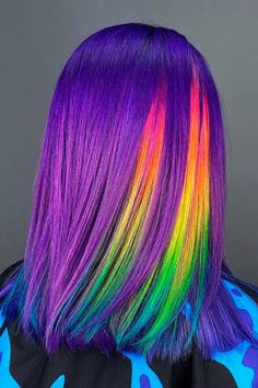 Prism Hair Color Technique, Peekaboo Rainbow Hair, Crazy Color Hair Ideas, Rainbow Peekaboo Hair, Bright Coloured Hair, Prism Hair Color, Funky Hair Color Ideas, Peekaboo Hair Ideas, Peekaboo Purple