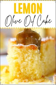 a slice of lemon olive oil cake on a white plate with the title overlay