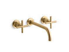 the new faucet is shown in gold with two handles on each side and one arm