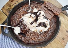 a skillet filled with chocolate and ice cream