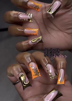 Orange Duck Nails Acrylic, Spring Nails Black Women, Orange Freestyle Acrylic Nails, Pink Chrome Duck Nails, Duck Tip Nails Y2k, Orange Junk Nails, Gold Freaknik Nails, Duckies Nails Y2k, Flare Nails