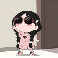 a cartoon girl wearing sunglasses and standing in front of a door