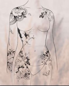 a drawing of a woman's body with flowers on her chest and arms, in front of a blurry background