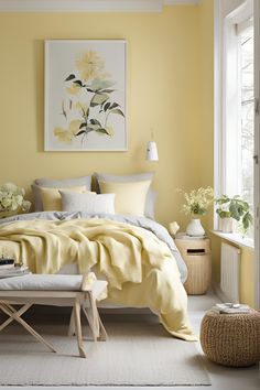 a bedroom with yellow walls and white carpeted flooring is pictured in this image