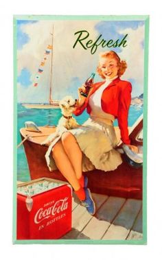 a woman sitting on top of a boat with a dog in her lap drinking coca - cola