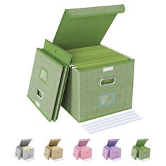 an open file box with several different colored boxes around it and the lid opened up