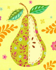 a pear with leaves and flowers on a yellow background