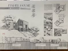 a drawing of a house on display in front of a window with the words fisher house above it