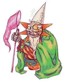 a drawing of an old wizard with a pink hat and green coat holding a staff