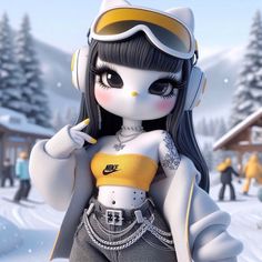 a cartoon character wearing headphones and holding a cell phone to her ear while standing in the snow