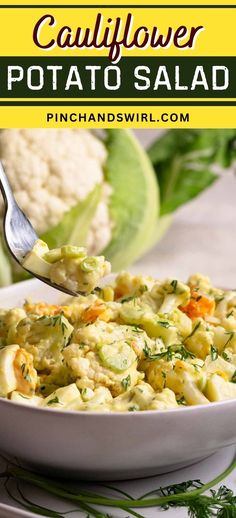 a white bowl filled with potato salad on top of a table next to cauliflower