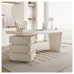 a white desk sitting on top of a wooden floor next to a chair and lamp