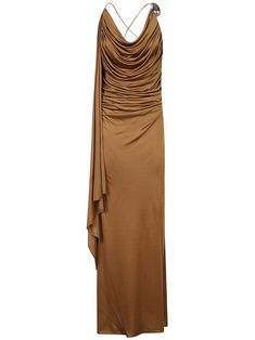 cognac brown jersey texture draped design long length concealed side zip fastening cowl neck 3D detailing crossover shoulder straps low back shift style straight hem Brown Draped Evening Dress, Elegant Draped Brown Dress, Elegant Brown Draped Dresses, Elegant Brown Asymmetrical Midi Dress, Brown Sleeveless Ruched Maxi Dress, Formal Brown Ruched Midi Dress, Formal Sleeveless Brown Maxi Dress, Brown Evening Maxi Dress, Sleeveless Brown Maxi Dress For Formal Occasions