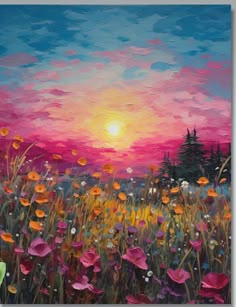 an oil painting of flowers in a field at sunset