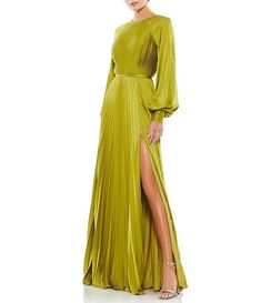 Mac Duggal Crew Neck Long Blouson Cuff Sleeve Pleated High Slit Gown | Dillard's High Neck Gown, Long Flowing Skirts, Pleated Gown, Mac Duggal, A Line Gown, Apple Green, Mode Style, Long Sleeve Maxi Dress, Cocktail Dress Party