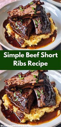 two plates filled with beef short ribs and mashed potatoes