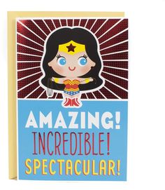 a greeting card with an image of wonder woman holding a fork and the words amazing incredible spectacular