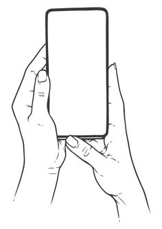 two hands holding up a smart phone in front of a white background with black lines