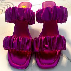 Seychelles Ruched Metallic Fuchsia Spooled Heels. So Comfortable And Such A Fun Color. 3in Heel. Leather Throughout. See Last Slide For Product Details Spring Ruched Heels, Floral High Heels, Tie Heels, Soft Heels, Taupe Heels, Strappy Pumps, Seychelles Shoes, Floral Heels, T Strap Heels