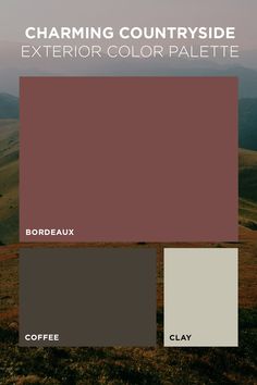 the exterior color palette is shown in shades of brown, gray and white with text that reads charming countryside