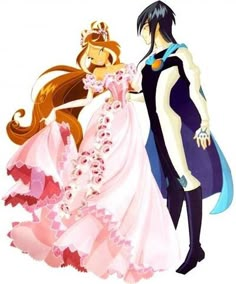 an image of a man and woman dressed up in wedding dresses with flowers on them