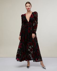 Puff Sleeve Burnout Velvet Dress – Rachel Parcell, Inc. Rose Dress Outfit, Floral Velvet Dress, Burnout Velvet Dress, Lover Dress, Rose Maxi Dress, Roses Black, Rachel Parcell, Burnout Velvet, Long Sleeve Dress Formal