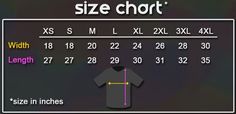 the size chart for a t - shirt is shown