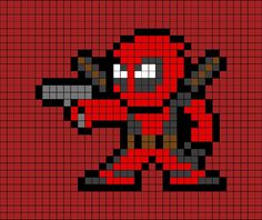 A pixel art template of Deadpool pointing a silver gun. Deadpool And Wolverine Pixel Art, Pixel Art Pattern Easy, Perler Art, Pixel Art Templates, Pixel Drawing, Diy Perler Bead Crafts, Pixel Crochet