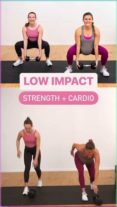 a woman doing squats with the words low impact strength and cardio on it