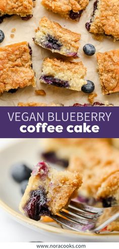 blueberry coffee cake on a plate with a fork and the words vegan blueberry coffee cake