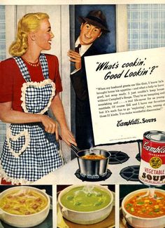 an advertisement for campbell's good looking soup with a woman cooking in the kitchen