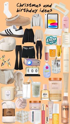 a collage of various items that include shoes, perfumes and personal care products