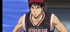 an anime character with red hair wearing a basketball uniform