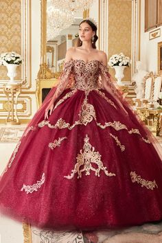 Burgundy Layered Gold Lace Ball Gown Red And Gold Quinceanera Dresses Long Sleeve, Burgundy Sweet 16 Dresses, Quince Party, Mexican Quinceanera, Red Quince, Tulle Cape, Dress Styling, Dress Quinceanera, Tulle Balls