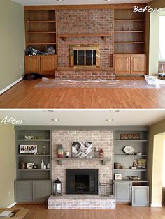 before and after pictures of a living room with built - in bookshelves, fireplace, and entertainment center