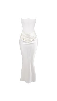 a white dress with a draped neckline on the front and bottom, is shown