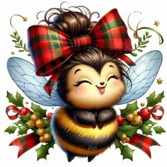 a bee with a bow on its head and holly leaves around it's neck