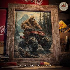 a painting of a bigfoot riding a four wheeler