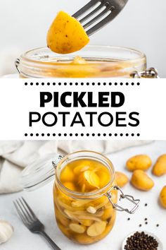 pickled potatoes in a jar with a fork