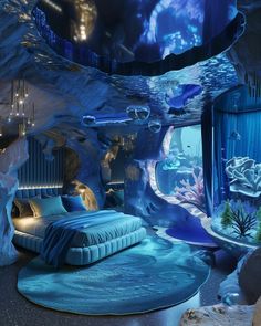 an underwater bedroom is shown in this image