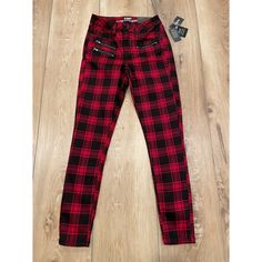 Hot Topic High-Rise Super Skinny Plaid Pants Red And Black Plaid New With Tags Trendy Slim Fit Bottoms With Zipper Closure, Casual Fitted Pants With Zipper Closure, Edgy Plaid Bottoms For Fall, Fitted Casual Pants With Zipper Closure, Trendy Fitted Plaid Bottoms, High Waist Stretch Plaid Bottoms, Edgy Fitted Plaid Bottoms, Edgy Fitted Red Bottoms, Fitted Plaid Edgy Bottoms