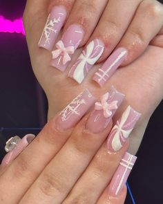 BOOKED FOR DECEMBER ❄️🎀⛸️💫 (@killernaills) • Instagram photos and videos Nail Ideas Pink Christmas, Bow Nail Designs Christmas, Ballerina Winter Nails, Pink Christmas Acrylic Nails Short, Christmas Airbrush Nails, Xmas Pink Nails, Winter Birthday Nails Acrylic, Christmas Acrylic Nails Pink, Acrylic Nails For January