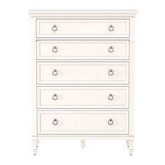 a white dresser with four drawers and three pulls on the bottom drawer, against a white background