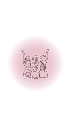 a drawing of three women with their hands up in the air