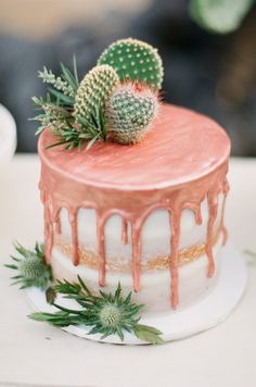 a cake with pink icing and a cactus on top is sitting on a table