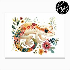 a painting of a gecko with flowers on it